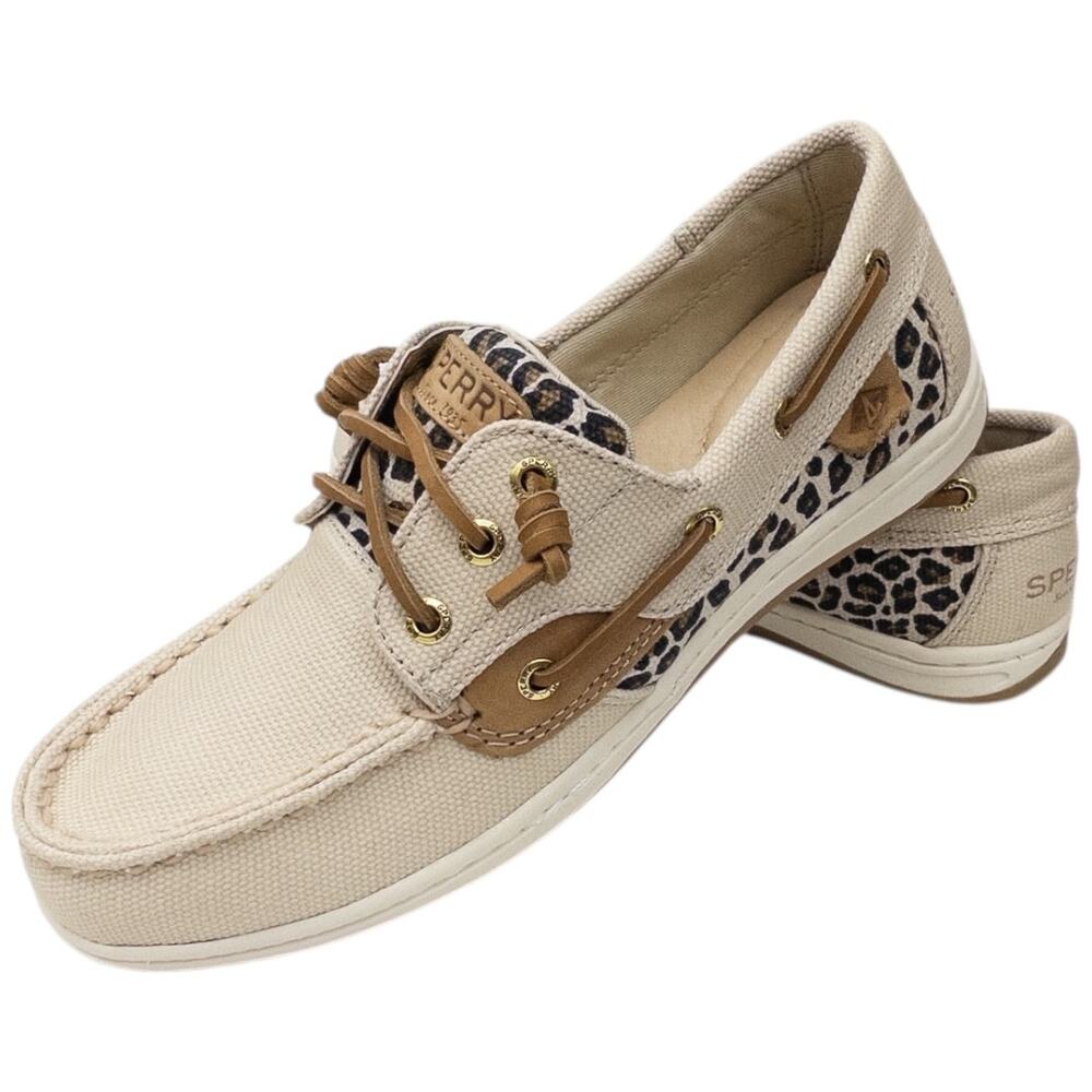 Sperry Songfish Topsider  Leopard Cream Tan Boat Shoe Women's size 7